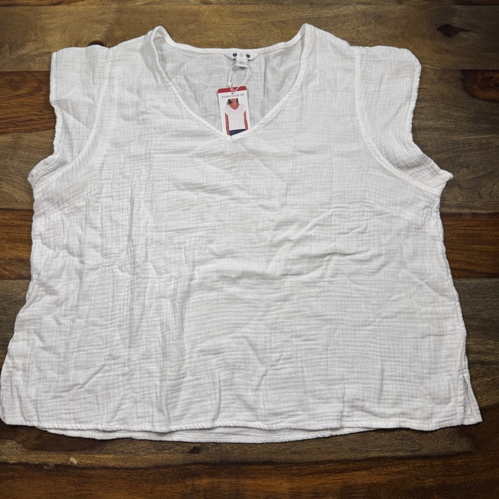 Three Dots Double Gauze Top Womens XL White New V-Neck Cotton Cap Sleeve Blouse